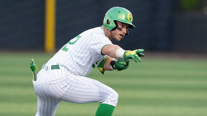 Oregon infielder Ryan Cooney celebrates a double as the Oregon Ducks host the USC Trojans on May 14, 2026, in Eugene, Oregon.