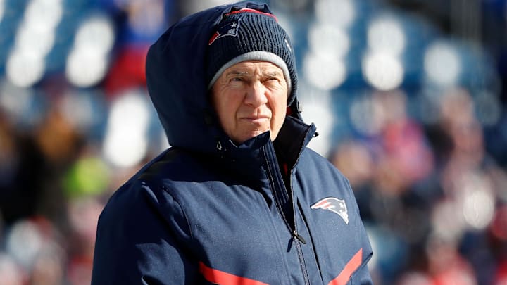 Jan 13, 2019; Foxborough, MA, USA; New England Patriots head coach Bill Belichick watches warmups before a game against the Los Angeles Chargers
in an AFC Divisional playoff football game at Gillette Stadium. Mandatory Credit: Winslow Townson-Imagn Images