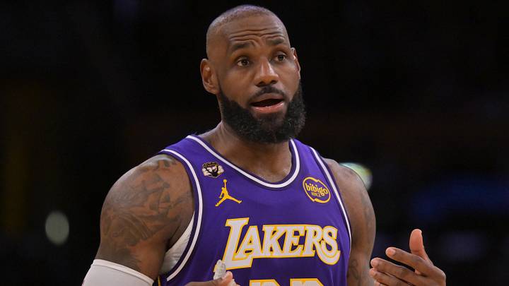 Feb 5, 2026; Los Angeles, California, USA;  Los Angeles Lakers forward LeBron James (23) reacts after a foul in the second half against the Philadelphia 76ers at Crypto.com Arena. Mandatory Credit: Jayne Kamin-Oncea-Imagn Images