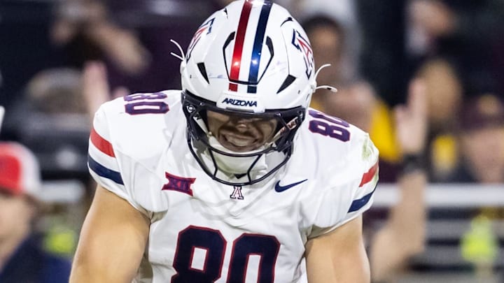 Nov 28, 2025; Tempe, Arizona, USA; Arizona Wildcats tight end Cameron Barmore (80) celebrates after scoring a touchdown against the Arizona State Sun Devils in the second half during the 99th Territorial Cup at Mountain America Stadium. Mandatory Credit: Mark J. Rebilas-Imagn Images