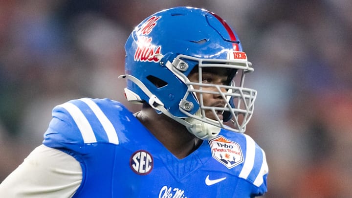 Jan 8, 2026; Glendale, AZ, USA; Mississippi Rebels defensive tackle Zxavian Harris (51) against the Miami Hurricanes during the 2026 Fiesta Bowl and semifinal game of the College Football Playoff at State Farm Stadium. Mandatory Credit: Mark J. Rebilas-Imagn Images Jan 8, 2026; Glendale, AZ, USA; Mississippi Rebels defensive tackle Zxavian Harris (51) against the Miami Hurricanes during the 2026 Fiesta Bowl and semifinal game of the College Football Playoff at State Farm Stadium. Mandatory Credit: Mark J. Rebilas-Imagn Images