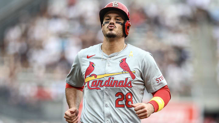 Sep 1, 2024; Bronx, New York, USA; St. Louis Cardinals third baseman Nolan Arenado (28) at Yankee Stadium Sep 1, 2024; Bronx, New York, USA; St. Louis Cardinals third baseman Nolan Arenado (28) at Yankee Stadium
