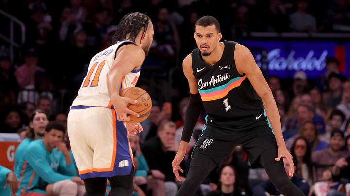 Spurs forward Victor Wembanyama defends Knicks guard Jalen Brunson during a regular-season game at Madison Square Garden. The teams will meet in the NBA Finals. Spurs forward Victor Wembanyama defends Knicks guard Jalen Brunson during a regular-season game at Madison Square Garden. The teams will meet in the NBA Finals.