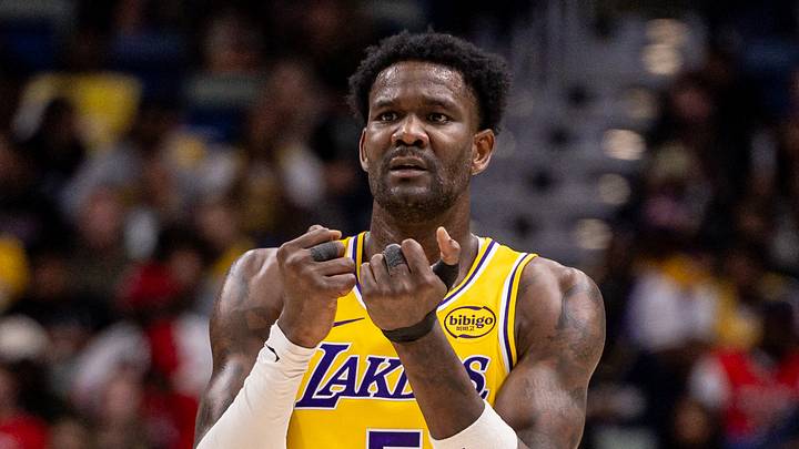 Jan 6, 2026; New Orleans, Louisiana, USA;  Los Angeles Lakers center Deandre Ayton (5) reacts to a play against the New Orleans Pelicans during the second half at Smoothie King Center. Mandatory Credit: Stephen Lew-Imagn Images
