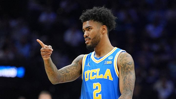 Mar 22, 2026; Philadelphia, PA, USA; UCLA Bruins guard Donovan Dent (2) reacts in the first half during a second round game of the men's 2026 NCAA Tournament at Xfinity Mobile Arena. Mandatory Credit: Kyle Ross-Imagn Images
