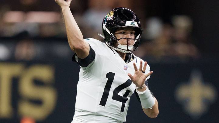 Aug 15, 2026; New Orleans, Louisiana, USA; Jacksonville Jaguars quarterback Nick Mullens (14) throws against the New Orleans Saints during the first quarter at Caesars Superdome. Mandatory Credit: Matthew Hinton-Imagn Images