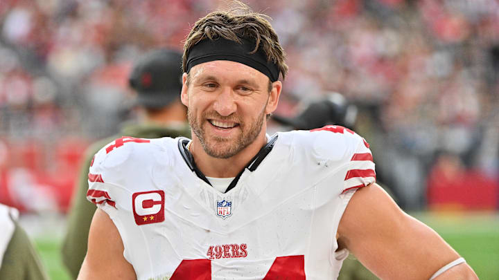 Nov 16, 2025; Glendale, Arizona, USA; San Francisco 49ers fullback Kyle Juszczyk (44) looks on during the second half against the San Francisco 49ers at State Farm Stadium. Mandatory Credit: Matt Kartozian-Imagn Images Nov 16, 2025; Glendale, Arizona, USA; San Francisco 49ers fullback Kyle Juszczyk (44) looks on during the second half against the San Francisco 49ers at State Farm Stadium. Mandatory Credit: Matt Kartozian-Imagn Images