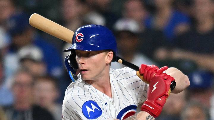 Aug 3, 2026; Chicago, Illinois, USA; Chicago Cubs center fielder Pete Crow-Armstrong (4) at bat against the Los Angeles Dodgers at Wrigley Field. Mandatory Credit: Patrick Gorski-Imagn Images