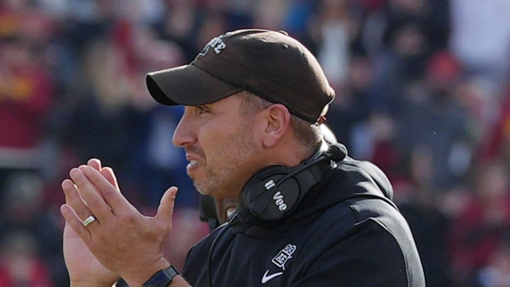 Iowa State head coach Matt Campbell celebrates after an interception by defenders against Kansas during the fourth quarter in the senior day on Nov. 22, 2025, at Jack Trice Stadium in Ames, Iowa Iowa State head coach Matt Campbell celebrates after an interception by defenders against Kansas during the fourth quarter in the senior day on Nov. 22, 2025, at Jack Trice Stadium in Ames, Iowa