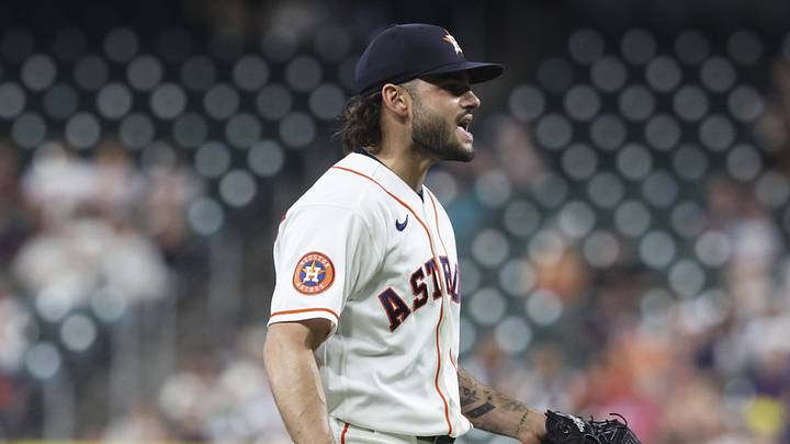 May 13, 2026; Houston, Texas, USA; Houston Astros starting pitcher Lance McCullers Jr. (43) reacts after a play during the second inning against the Seattle Mariners at Daikin Park. Mandatory Credit: Troy Taormina-Imagn Images