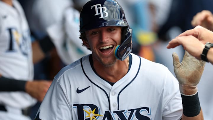 Sep 18, 2025; Tampa, Florida, USA; Tampa Bay Rays shortstop Carson Williams (7) reacts after hitting a solo home run against the Toronto Blue Jays in the sixth inning at George M. Steinbrenner Field. Sep 18, 2025; Tampa, Florida, USA; Tampa Bay Rays shortstop Carson Williams (7) reacts after hitting a solo home run against the Toronto Blue Jays in the sixth inning at George M. Steinbrenner Field.
