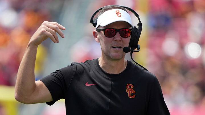 Aug 29, 2026; Los Angeles, California, USA; Southern California Trojans head coach Lincoln Riley reacts against the San Jose State Spartans in the first half at United Airlines Field at Los Angeles Memorial Coliseum. Mandatory Credit: Kirby Lee-Imagn Images
