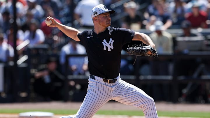 Mar 11, 2025; Tampa, Florida, USA; New York Yankees pitcher Clarke Schmidt (36) throws a pitch against the Baltimore Orioles in the first inning during spring training at George M. Steinbrenner Field. Mar 11, 2025; Tampa, Florida, USA; New York Yankees pitcher Clarke Schmidt (36) throws a pitch against the Baltimore Orioles in the first inning during spring training at George M. Steinbrenner Field.