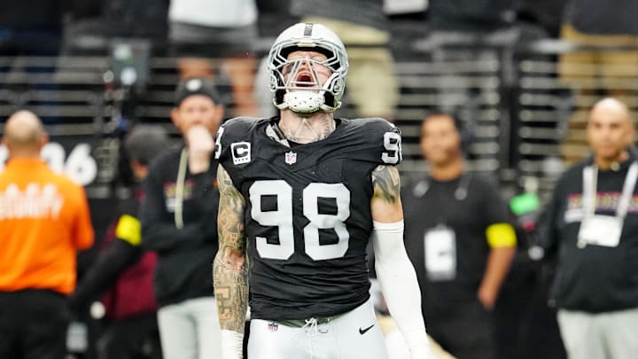 Oct 12, 2025; Paradise, Nevada, USA; Las Vegas Raiders defensive end Maxx Crosby (98) reacts after a play during the second half against the Tennessee Titans at Allegiant Stadium. Mandatory Credit: Stephen R. Sylvanie-Imagn Images