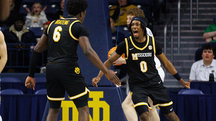 Missouri guard Anthony Robinson II (0) celebrates after a basket during a NCAA men's basketball game against Notre Dame at Purcell Pavilion on Tuesday, Dec. 2, 2025, in South Bend. Missouri guard Anthony Robinson II (0) celebrates after a basket during a NCAA men's basketball game against Notre Dame at Purcell Pavilion on Tuesday, Dec. 2, 2025, in South Bend.