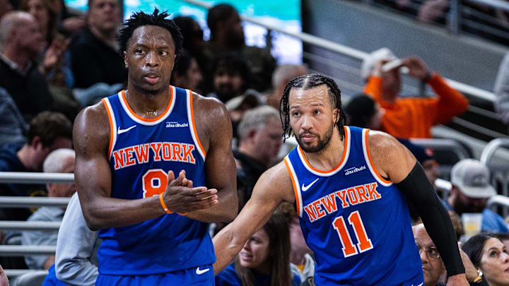 Mar 13, 2026; Indianapolis, Indiana, USA;  sNew York Knicks forward/guard Og Anunoby (8) and guard Jalen Brunson (11) in the second half against the Indiana Pacers at Gainbridge Fieldhouse. Mandatory Credit: Trevor Ruszkowski-Imagn Images