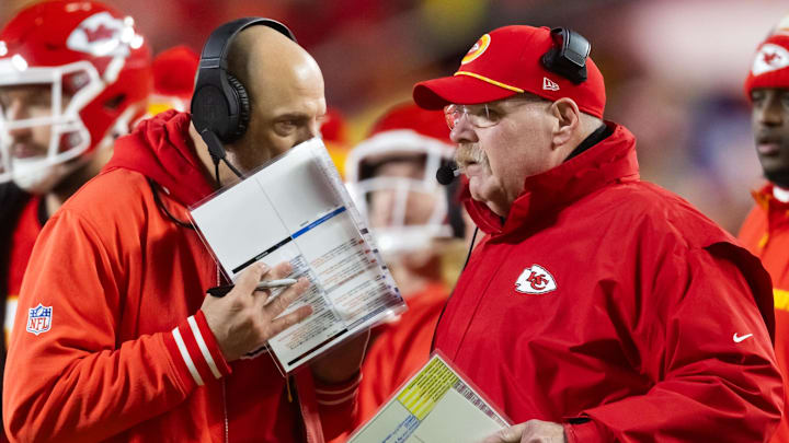 Jan 26, 2025; Kansas City, MO, USA; Kansas City Chiefs offensive coordinator Matt Nagy (left) and head coach Andy Reid against the Buffalo Bills during the AFC Championship game at GEHA Field at Arrowhead Stadium. Mandatory Credit: Mark J. Rebilas-Imagn Images