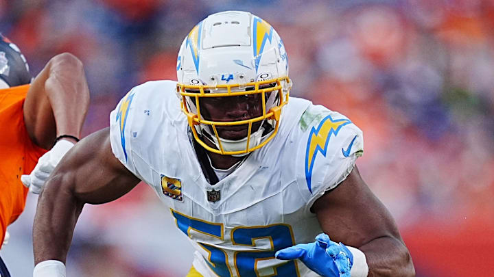 Oct 13, 2024; Denver, Colorado, USA; Los Angeles Chargers linebacker Khalil Mack (52) during the second half against the Denver Broncos at Empower Field at Mile High. Mandatory Credit: Ron Chenoy-Imagn Images