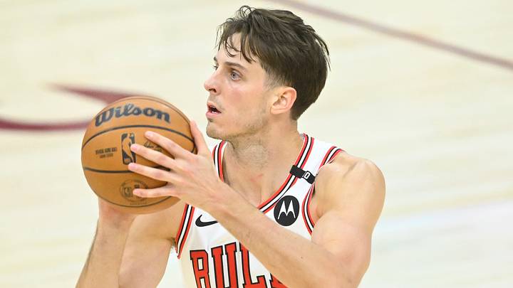 Apr 8, 2025; Cleveland, Ohio, USA; Chicago Bulls forward Zach Collins (12) looks to shoot in the fourth quarter against the Cleveland Cavaliers at Rocket Arena. Mandatory Credit: David Richard-Imagn Images