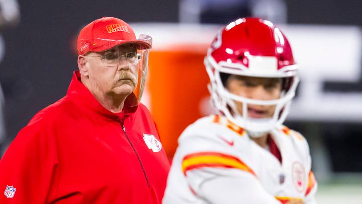 Nov 22, 2020; Paradise, Nevada, USA; Kansas City Chiefs head coach Andy Reid watches quarterback Patrick Mahomes (15) against the Las Vegas Raiders at Allegiant Stadium. 