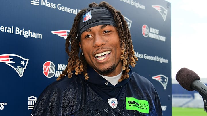 Jun 12, 2024; Foxborough, MA, USA; New England Patriots cornerback Alex Austin (28) speaks to the media during press availability at minicamp at Gillette Stadium. Mandatory Credit: Eric Canha-Imagn Images Jun 12, 2024; Foxborough, MA, USA; New England Patriots cornerback Alex Austin (28) speaks to the media during press availability at minicamp at Gillette Stadium. Mandatory Credit: Eric Canha-Imagn Images
