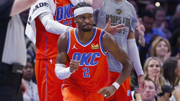 Nov 11, 2025; Oklahoma City, Oklahoma, USA; Oklahoma City Thunder guard Shai Gilgeous-Alexander (2) reacts after scoring against the Golden State Warriors during the second half at Paycom Center. Mandatory Credit: Alonzo Adams-Imagn Images