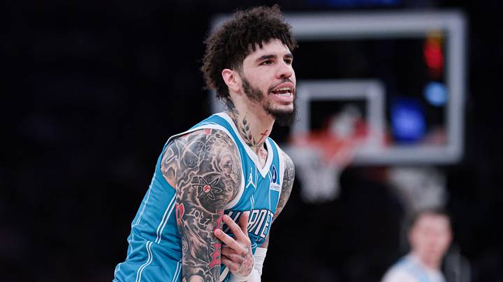 Apr 12, 2026; New York, New York, USA; Charlotte Hornets guard LaMelo Ball (1) reacts after a basket against the New York Knicks during the first half at Madison Square Garden. Mandatory Credit: Vincent Carchietta-Imagn Images
