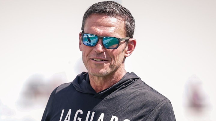 Sep 21, 2025; Jacksonville, Florida, USA; Jacksonville Jaguars executive vice president of football operations Tony Boselli on the field during pregame against the Houston Texans at EverBank Stadium. Mandatory Credit: Travis Register-Imagn Images