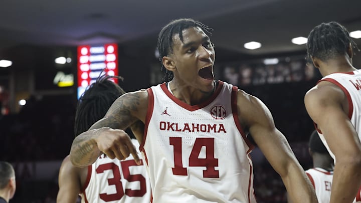 Jan 18, 2025; Norman, Oklahoma, USA; Oklahoma Sooners forward Jalon Moore (14) celebrates after scoring against the South Carolina Gamecocks during the second half at Lloyd Noble Center. Mandatory Credit: Alonzo Adams-Imagn Images Jan 18, 2025; Norman, Oklahoma, USA; Oklahoma Sooners forward Jalon Moore (14) celebrates after scoring against the South Carolina Gamecocks during the second half at Lloyd Noble Center. Mandatory Credit: Alonzo Adams-Imagn Images
