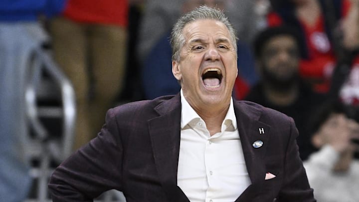 Arkansas Razorbacks coach John Calipari reacts during the second half against the Kansas Jayhawks at Amica Mutual Pavilion.