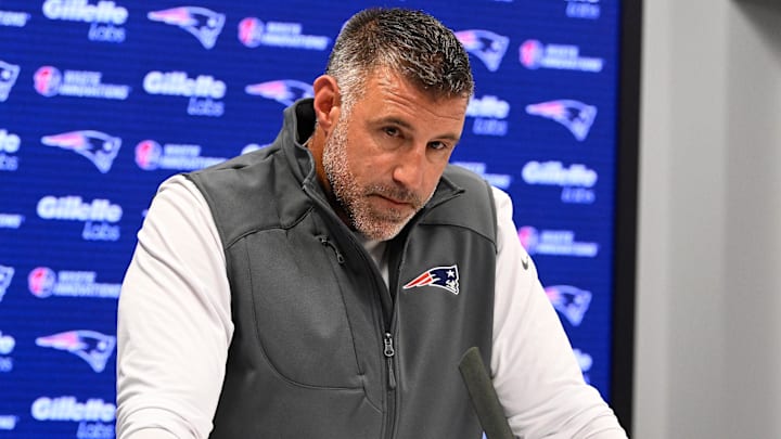 May 9, 2025; Foxborough, MA, USA;  New England Patriots head coach Mike Vrabel speaks the to media during a press conference at Gillette Stadium. Mandatory Credit: Eric Canha-Imagn Images