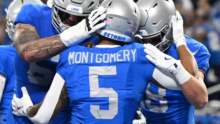 Detroit Lions running back David Montgomery (5) celebrates after a touchdown against the Green Bay Packers at Ford Field