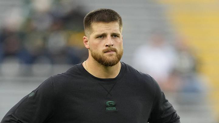 Green Bay Packers tight end Tucker Kraft (85) looks on 