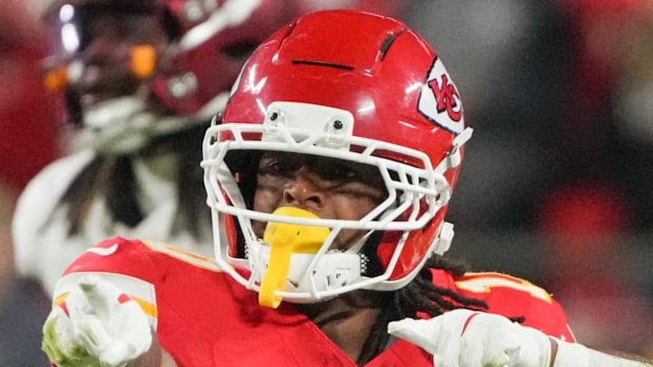 Oct 27, 2025; Kansas City, Missouri, USA; Kansas City Chiefs running back Isiah Pacheco (10) reacts after a play against the Washington Commanders during the fourth quarter of the game at GEHA Field at Arrowhead Stadium. Mandatory Credit: Denny Medley-Imagn Images