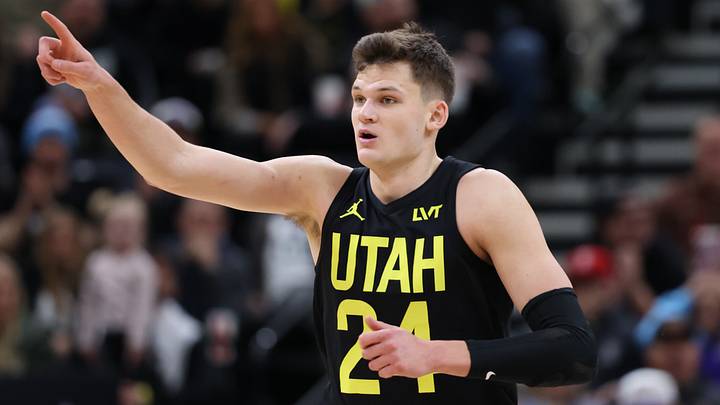Jan 12, 2024; Salt Lake City, Utah, USA; Utah Jazz center Walker Kessler (24) reacts to a play against the Toronto Raptors during the fourth quarter at Delta Center. Mandatory Credit: Rob Gray-USA TODAY Sports