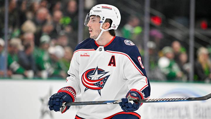 Oct 30, 2023; Dallas, Texas, USA; Columbus Blue Jackets defenseman Zach Werenski (8) in action during the game between the Dallas Stars and the Columbus Blue Jackets at American Airlines Center. Mandatory Credit: Jerome Miron-USA TODAY Sports Oct 30, 2023; Dallas, Texas, USA; Columbus Blue Jackets defenseman Zach Werenski (8) in action during the game between the Dallas Stars and the Columbus Blue Jackets at American Airlines Center. Mandatory Credit: Jerome Miron-USA TODAY Sports