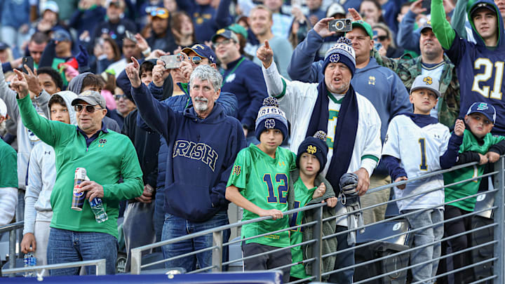 Oct 26, 2024; East Rutherford, New Jersey, USA; Notre Dame Fighting Irish celebrate after the game against the Navy Midshipmen at MetLife Stadium. 