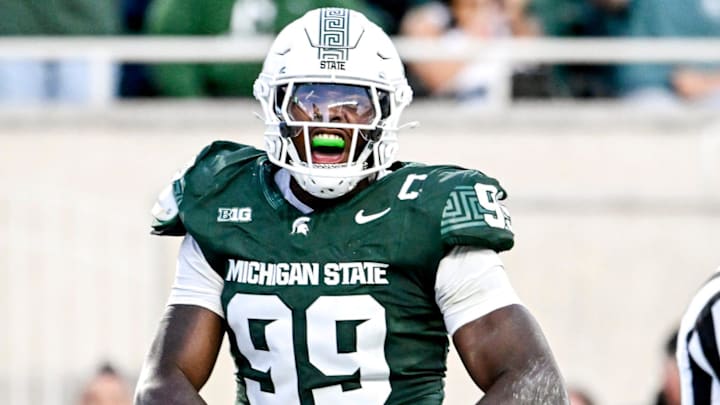 Michigan State's Quindarius Dunnigan celebrates a sack against Western Michigan during the second quarter on Friday, Aug. 29, 2025, in East Lansing.