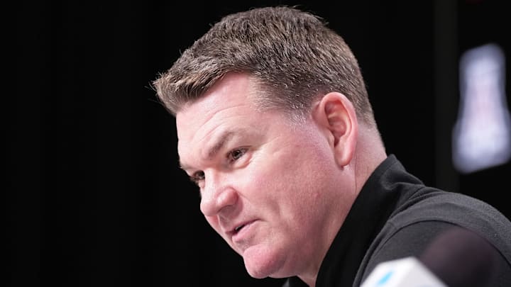 Apr 2, 2026; Indianapolis, IN, USA; Arizona head coach Tommy Lloyd during a press conference ahead of the Final Four of the men's 2026 NCAA Tournament at Lucas Oil Stadium. Mandatory Credit: Robert Deutsch-Imagn Images