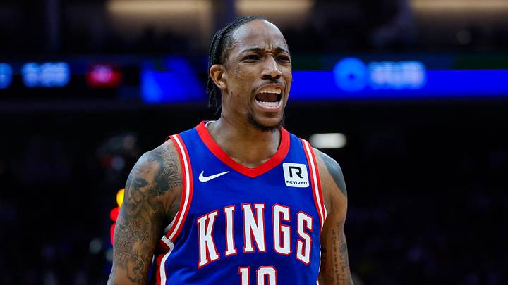 Feb 21, 2025; Sacramento, California, USA; Sacramento Kings forward DeMar DeRozan (10) reacts after a play during the second quarter against the Golden State Warriors at Golden 1 Center. Mandatory Credit: Sergio Estrada-Imagn Images Feb 21, 2025; Sacramento, California, USA; Sacramento Kings forward DeMar DeRozan (10) reacts after a play during the second quarter against the Golden State Warriors at Golden 1 Center. Mandatory Credit: Sergio Estrada-Imagn Images