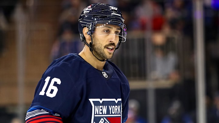 Nov 3, 2024; New York, New York, USA; New York Rangers center Vincent Trocheck (16) skates against the New York Islanders during the third period at Madison Square Garden. Mandatory Credit: Danny Wild-Imagn Images Nov 3, 2024; New York, New York, USA; New York Rangers center Vincent Trocheck (16) skates against the New York Islanders during the third period at Madison Square Garden. Mandatory Credit: Danny Wild-Imagn Images