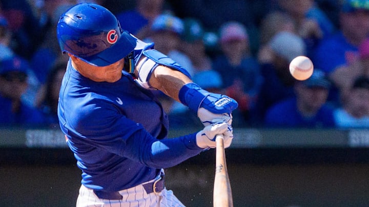 Mar 8, 2025; Mesa, Arizona, USA; Chicago Cubs infielder Matt Shaw (77) at bat in the bottom of the third during a spring training game against the Seattle Mariners at Sloan Park. Mar 8, 2025; Mesa, Arizona, USA; Chicago Cubs infielder Matt Shaw (77) at bat in the bottom of the third during a spring training game against the Seattle Mariners at Sloan Park.