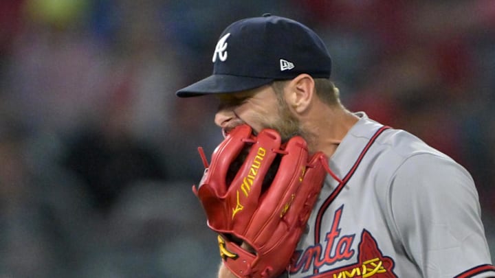 Apr 6, 2026; Anaheim, California, USA; Atlanta Braves pitcher Chris Sale (51) reacts after walking in a run in the fourth inning against the Los Angeles Angels at Angel Stadium. Mandatory Credit: Jayne Kamin-Oncea-Imagn Images