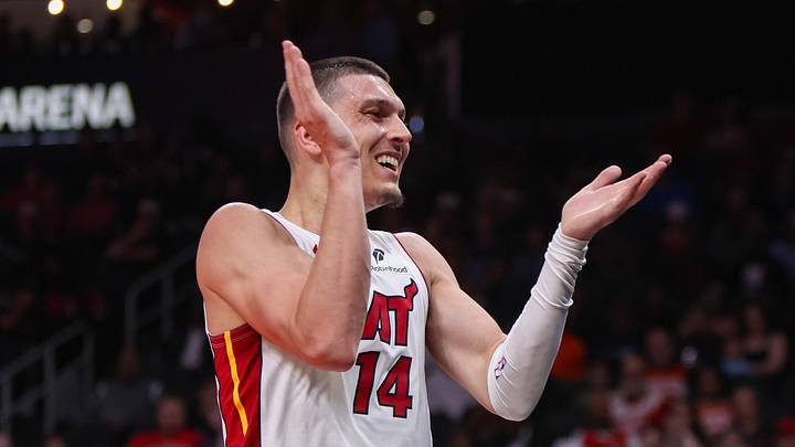 Miami Heat guard Tyler Herro (14) reacts after a shot against the Atlanta Hawks in the second quarter at State Farm Arena on February 20, 2026.