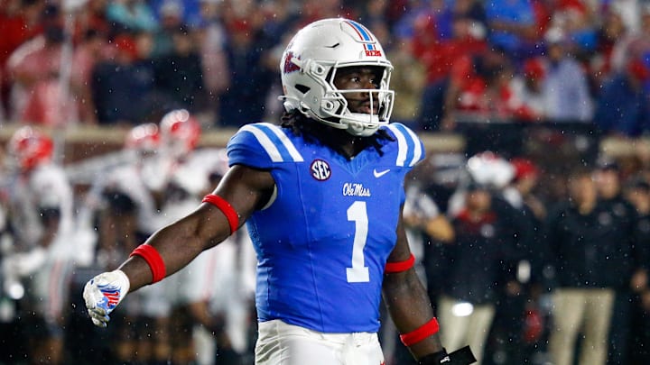 Nov 9, 2024; Oxford, Mississippi, USA; Mississippi Rebels defensive lineman Princely Umanmielen (1) reacts during the second half against the Georgia Bulldogs at Vaught-Hemingway Stadium. Mandatory Credit: Petre Thomas-Imagn Images Nov 9, 2024; Oxford, Mississippi, USA; Mississippi Rebels defensive lineman Princely Umanmielen (1) reacts during the second half against the Georgia Bulldogs at Vaught-Hemingway Stadium. Mandatory Credit: Petre Thomas-Imagn Images