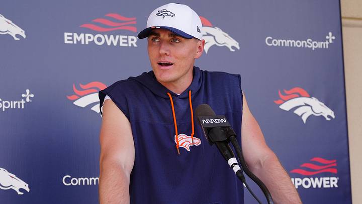 Jun 16, 2026; Englewood, CO, USA; Denver Broncos quarterback Bo Nix (10) speaks to the media following mini camp drills at Broncos Park. Jun 16, 2026; Englewood, CO, USA; Denver Broncos quarterback Bo Nix (10) speaks to the media following mini camp drills at Broncos Park.