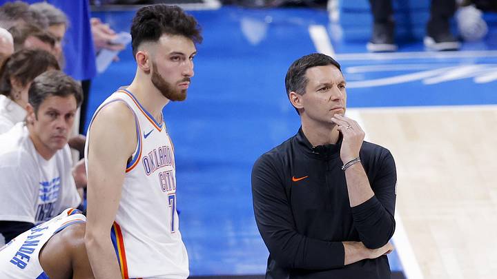 Jun 16, 2025; Oklahoma City, Oklahoma, USA; Oklahoma City Thunder forward Chet Holmgren (7) and head coach Mark Daigneault during the fourth quarter against the Indiana Pacers in game five of the 2025 NBA Finals at Paycom Center. Mandatory Credit: Alonzo Adams-Imagn Images