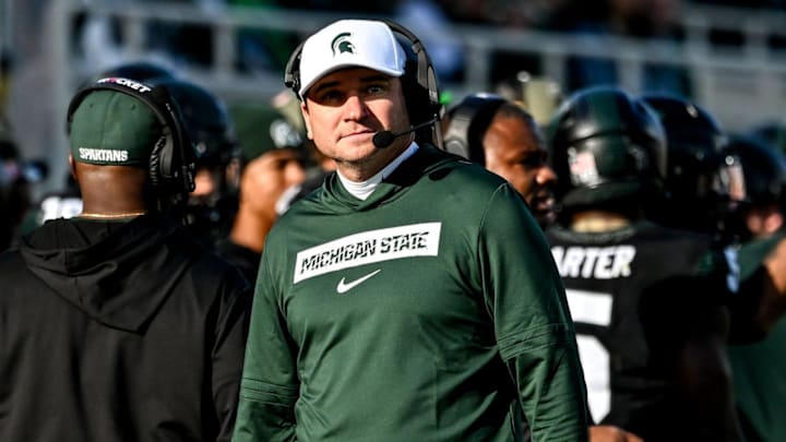 Michigan State's head coach Jonathan Smith looks on form the sideline during the first quarter in the game against Indiana on Saturday, Nov. 2, 2024, at Spartan Stadium in East Lansing.