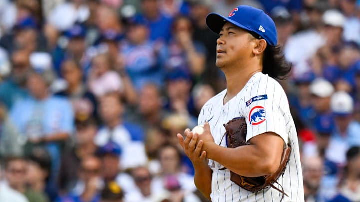 Oct 1, 2025; Chicago, Illinois, USA; Chicago Cubs relief pitcher Shota Imanaga (18) reacts after giving up a two-run home run in the fifth inning against the San Diego Padres during game two of the Wildcard round for the 2025 MLB playoffs at Wrigley Field. Mandatory Credit: Matt Marton-Imagn Images