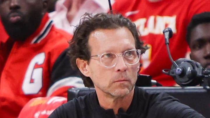 Atlanta Hawks head coach Quin Snyder on the sideline against the New York Knicks in the second quarter during game three of the first round of the 2026 NBA Playoffs at State Farm Arena, Apr 23, 2026.